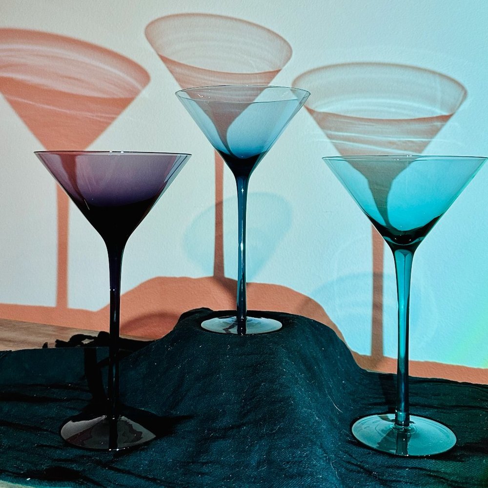 Set of 3 - Long Stemmed Cool Toned Martini Glasses